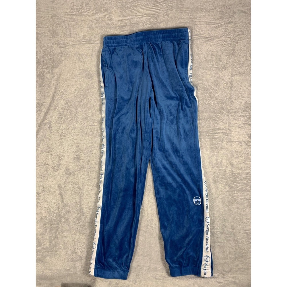 Sergio Tacchini Men XL Blue Velour Track Pants Logo Tape Side Stripe Joggers